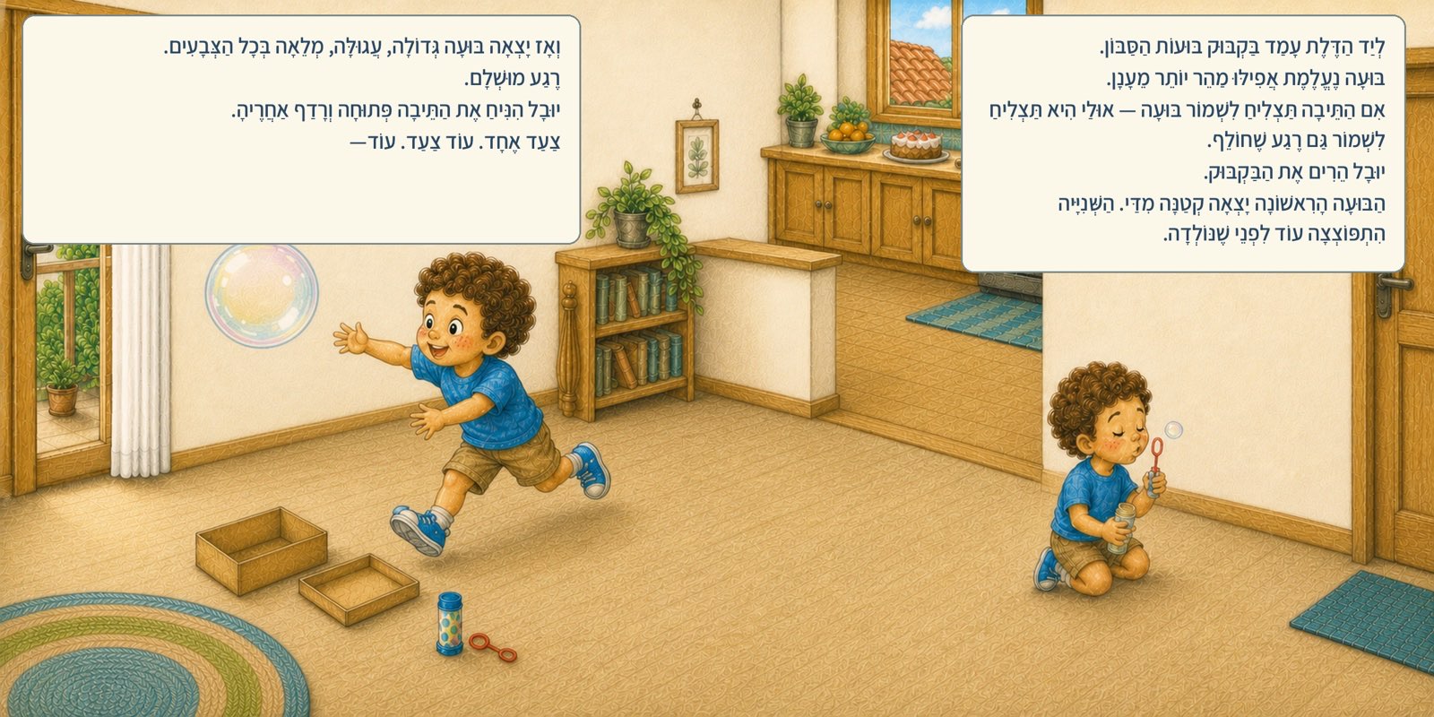 כפולה מהספר: יובל רודף אחרי בועת סבון גדולה, התיבה פתוחה על הרצפה